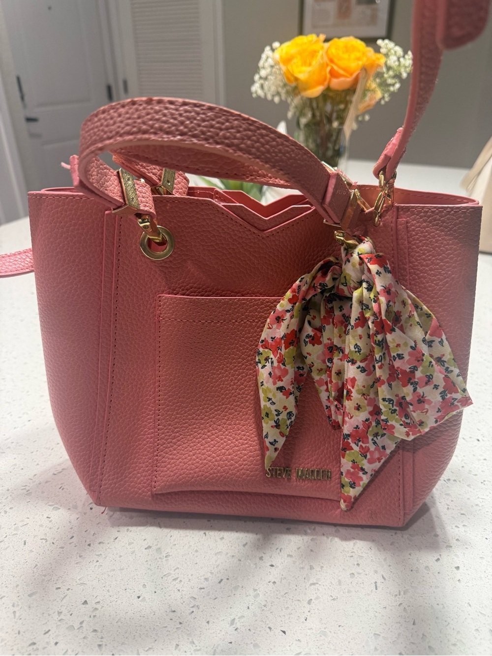 Steve Madden Coral Pink Pebbled Leather Shoulder Bag with Floral Scarf